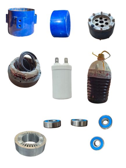 Cooler motor spare parts range — shell body, cuppa, rotor, stator winding, capacitor, varnish, bearings and stampings